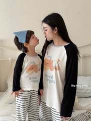 SET1020-Set quần áo đôi mẹ con vải cotton áo cộc quần dài kẻ