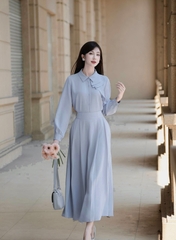 Set787- Set áo nơ xanh phối chân váy midi dài 1 lớp