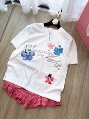 SET916-Set áo thun trắng in nơ phối quần short bèo hồng