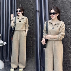 SET812- Bộ mặc nhà áo nỉ díp lông kéo khoá phối quần suông màu nâu