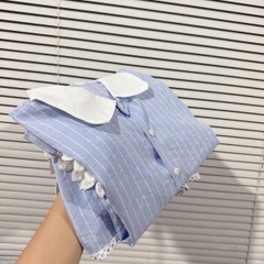 SET578- Set kẻ xanh cộc đính hoa nổi viền ren chân chất kẻ mát