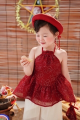 TRUNG THU-SETKID054-Set áo yếm đỏ bé gái đính cườm kèm quần trắng,tặng kèm mấn