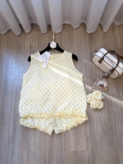 Set972-Set mặc nhà vải đũi mát chấm bi vàng TẶNG KÈM DÂY TÓC