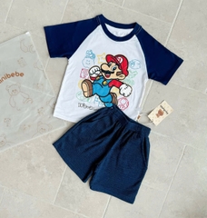 BT525- Bộ ao cotton trắng phối Mario mix quần cua tăm bé trai