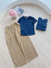 Set770-Set áo len dệt kim xanh coban phối quần jean suông nâu