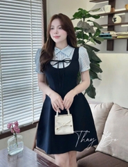 Dam174- Váy xoè ngắn đen phối tay sơ mi kẻ đính nơ