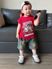 BT856-Bộ áo thun sát nách đỏ phối quần jean cộc cho bé 9-22kg