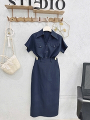 Set773- Set công sở áo sơ mi than cổ bẻ phối chân váy midi