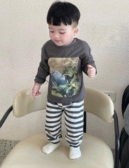 Cb340- Combo 3 bộ thun dài tay khủng long màu nâu bé trai thu đông