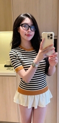 A614-Áo len ZIRI kẻ đen viền vàng dáng cộc full tem
