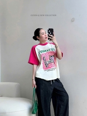 A570- Áo thun suông cộc hồng trắng hàng nhà máy đủ tem