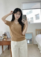 A536-Áo len thừng cộc tay cổ V màu nâu hàng nhà máy đủ tem
