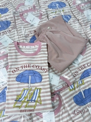 Set716- Set COAST hồng kẻ mix quần bom gió