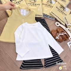 damgai23-set 3 món áo giLe vàng phối quần kẻ loe kèm áo thun trắng cho bé gái 12-33kg)