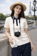 A514-Áo len cộc tay dệt kim 2 màu đen và xanh than