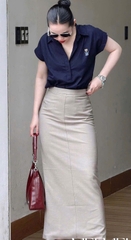 😚☘️☘️☘️SET513- SET SƠ MI TAY vạt thêu gấu mix CV bút chì