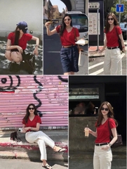 A513-Áo thun đỏ cộc tay cổ V thêu ngựa