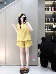 Set972-Set mặc nhà vải đũi mát chấm bi vàng TẶNG KÈM DÂY TÓC