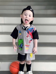 BT550-Bộ thun cộc bé trai Siêu nhân xám đen