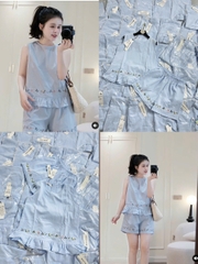 SET1021-Set áo sát nách xanh thêu phối quần short