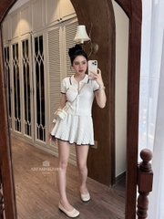 SET720-Set áo len cộc thêu phối chân váy xoè thể thao 2 màu vàng trắng
