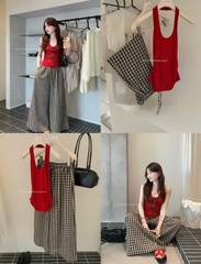 Set1037-Set áo dây đỏ phối quần kẻ suông