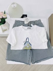 SET732- Set áo thun trắng in mèo phối quần jean lửng