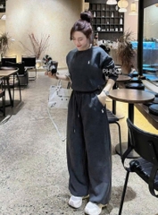 Set823- Set nỉ díp lông thỏ màu xám phối quần suông