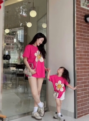 A220- Áo thun hoa màu hồng mẹ con chất cotton