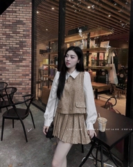 SET361- Set áo somi phối dạ và chân váy xếp ly nâu xám