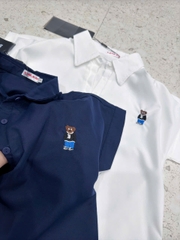 A255-Áo  sơmi nữ tay hến thêu gấu 2 màu xanh trắng