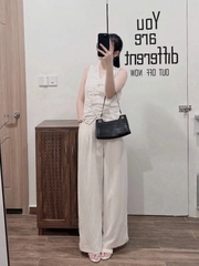 SET1009- Set áo đũi linen sát nách phối quần suông be