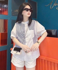 A263- Áo SƠ MI trắng kẻ PHỐI CỔ TẦU chất thô lụa