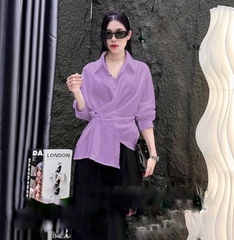 A114-Áo sơ mi nữ vạt chéo 2 màu tím trắng, vải đũi thái mềm mại, kiểu dáng thắt đai lệch eo