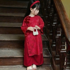 KEM MẤN- Bt796- Bộ áo dài đỏ cúc tết bé gái chất lụa