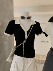 A310- Áo polo len dệt kim cộc tay vải tăm 2 màu đen trắng