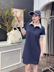 DAM150- đầm zip suông phối kẻ cổ đức 2 màu than-ghi