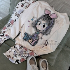set816- bộ cô gái cotton màu trắng quần suông in cạp chun
