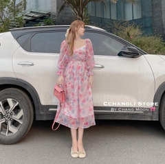 Đầm voan hoa tơ 2 lớp chéo ngực 2 màu xanh, hồng