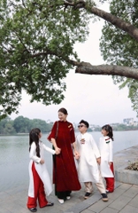 SET389-Set áo dài suông nhung đỏ phối cổ