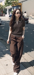 A744-Áo len dệt kim cộc tay nâu viền trắn Camilla