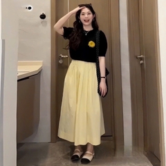SET737- Bộ áo len tăm đen thêu hoa phối chân váy midi