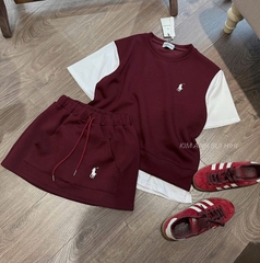 SET504 -SET  COTTON ĐỎ TAY TRẮNG THÊU NGỰA  CHÂN VÁY A DÁNG NGẮN