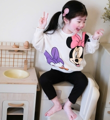 BN157-(8-26kg) Bộ nỉ thu đông bé gái mickey trắng tím quần đen VNXK