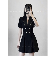 DAM013-ĐẦM ĐEN, TRẮNG  CÚC ĐỒNG CỔ TẦU ĐAI EO💎