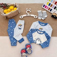 BT1081- Set 2 bộ thun díp dài tay xanh trắng kẻ Cute bé trai