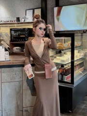 Set1047- set áo díp nâu phối chân váy midi dài