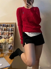 A368- Áo len thừng wHou màu đỏ cổ tròn tag Thêu