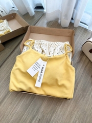 Set978- Set mặc nhà áo 2 dây vàng có sẵn đệm ngực kèm quần cộc kẻ