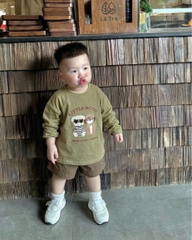 SET1033- Bộ mặc nhà mẹ con áo thun dài tay xanh rêu phối quần nâu